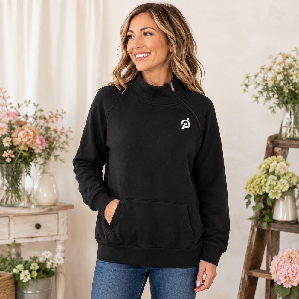 Peloton Side Zip Mock Neck Pullover Sweatshirt Black Kangaroo Pocket Medium